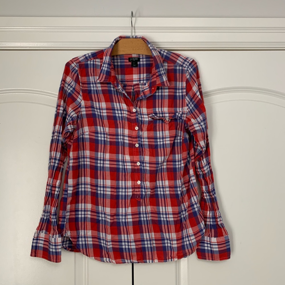 ❤️J Crew Flannel Popover Shirt Blue Red Plaid M